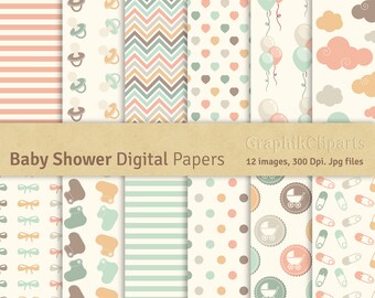 Baby Shower Digital Papers. "BABY SHOWER". Birthday Patterns. Scrapbook Paper. 12 images, 300 Dpi. Jpg files. Instant Download.