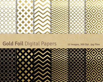Gold Foil Digital Papers. "GOLD PAPERS". Gold Patterns. Black and Gold Digital Papers. 12 images, 300 Dpi. Jpg files. Instant Download.