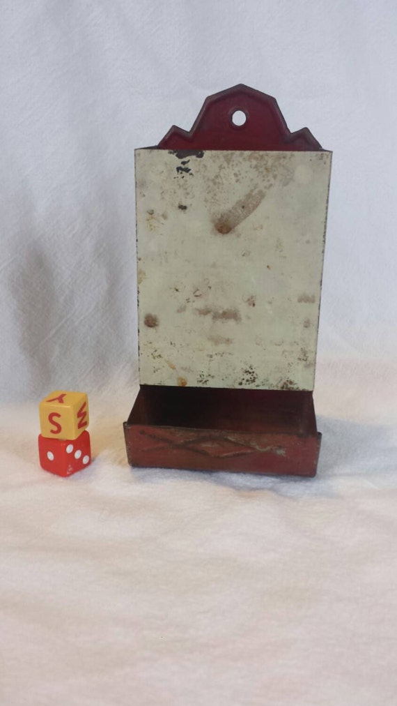 Vintage Metal Tin Match Holder. Matchbox. Rustic Kitchen.