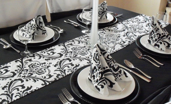 White and black damask table runners