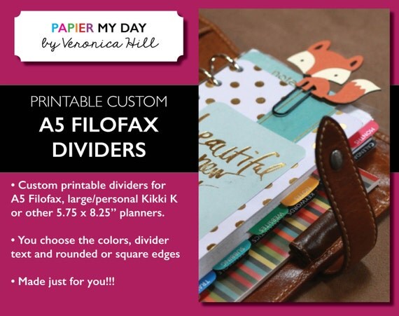 Printable Custom A5 Filofax Dividers Custom Dividers for A5