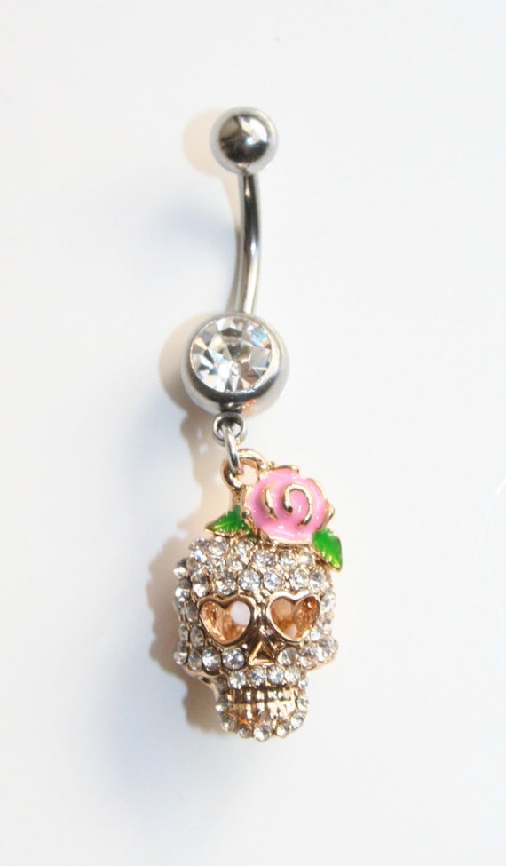 3D Skull Belly Button Ring with Crystals by vastwest on Etsy