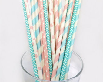 Gender Reveal Party Decor -Blue and Pink Paper Straws -Striped Paper Straws -Baby Shower Decor -Teal, Blue,Turquoise, Polka Dot Party Straws