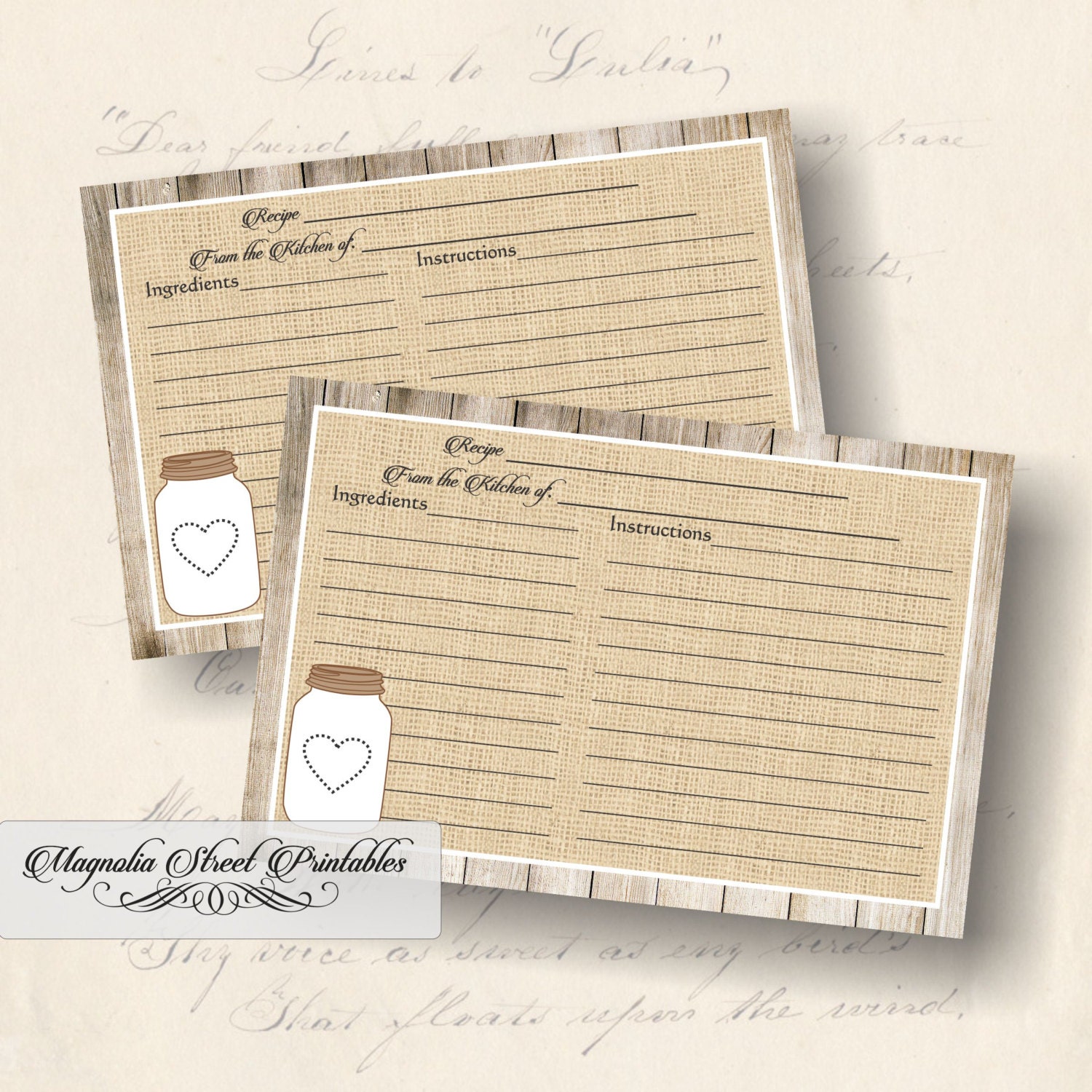 Mason Jar Recipe Card Printable 4 x 6 Rustic Recipe Card