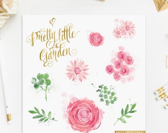 Watercolor Flowers ClipArt Intant Download Digital Pink Roses Daisy Large High Resolution Flowers Floral Green Leaves Wedding Invitation DIY