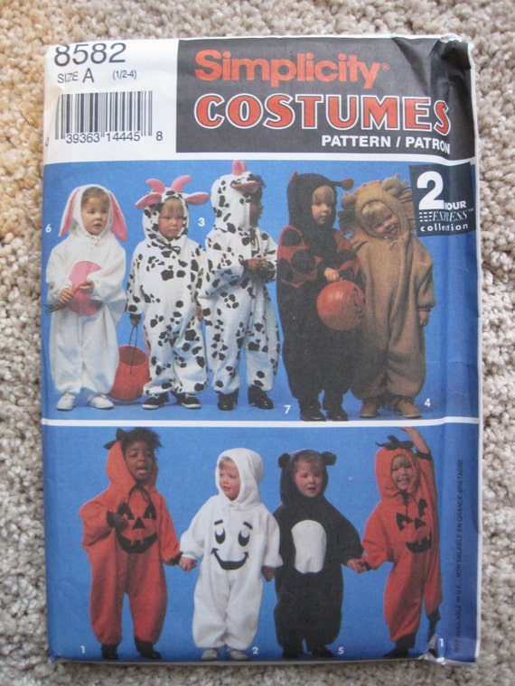 UNCUT Simplicity Sewing Pattern 8582 Size 1/2, 1, 2, 3, 4 Toddler Costumes Bunny, Cow, Ladybug, Lion, Pumpbkin, Ghost, Bear