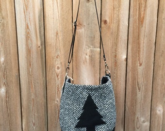 SUPER SALE PRICE! Wool Cross Body Bucket Bag - Black & White Herringbone w/ Tree Appliqué