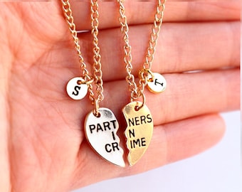 PARTNERS IN CRIME necklace, initials friendship necklace set, best friends, best bitches, broken heart set, sisters gift jwelry