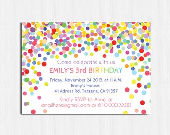 Confetti Birthday Invitation, Printable birthday invitation, Children Birthday Party invitation, bright invite, Children party invitation