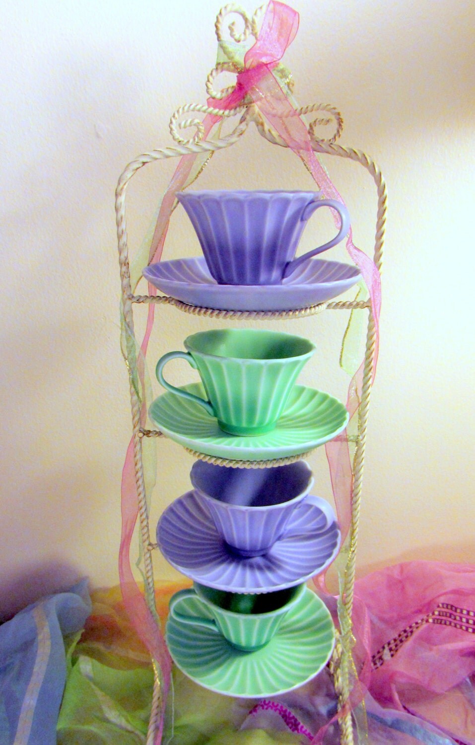 Tea party cup and saucer set of 4 lavender purple and mint