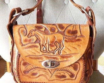 tooled leather purse with horse detail - vintage handbag in brown ...