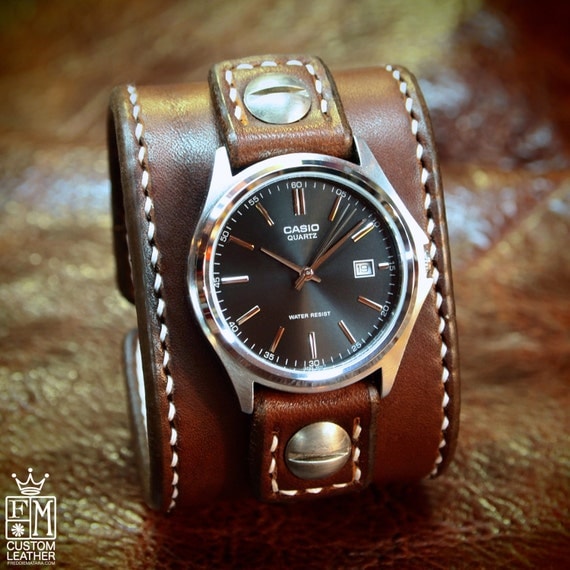Leather cuff Watch -Vintage brown bridle leather handstitched watch band with Casio watch custom made for YOU in Brooklyn NY