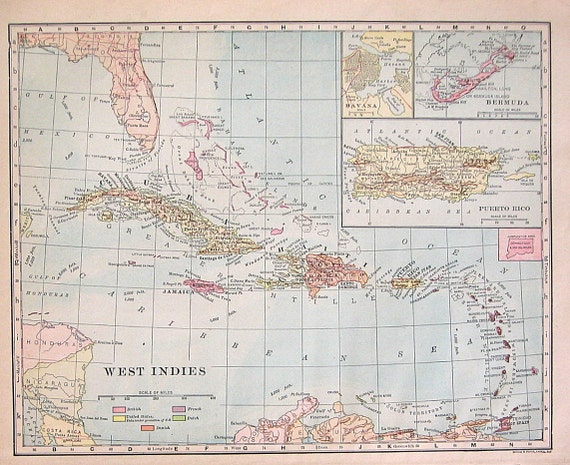 Antique Map 1895 Map of The West Indies Bermuda Havana