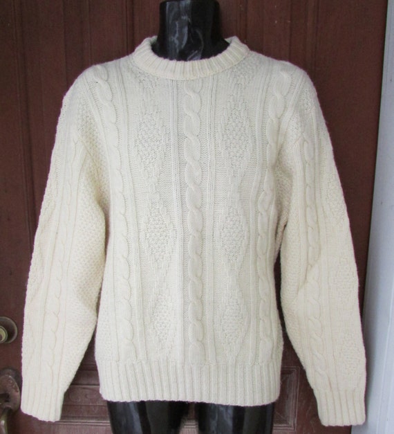 60s Vintage Fisherman Sweater Mens 1960s Cream Cable Knit