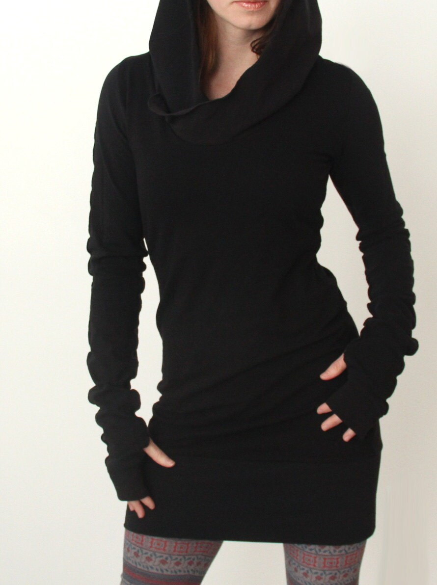 hooded tunic dress with thumb hole sleeves in BLACK by joclothing