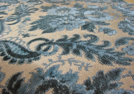 Vintage Cut Velvet Upholstery Fabric Blue Floral Bouquet and