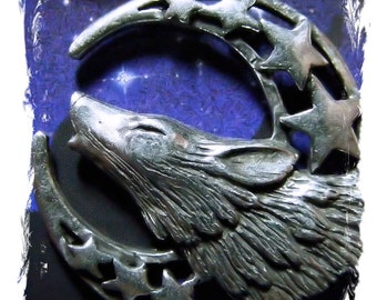 WICCA Pagan howling WOLF totem moon and stars Pewter PENDANT with a black necklace cord