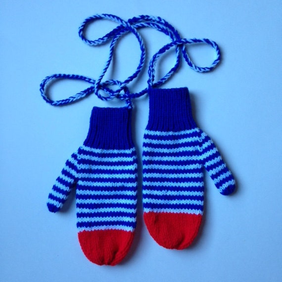 Items similar to Adult Dark Blue and White Striped Mittens on a string