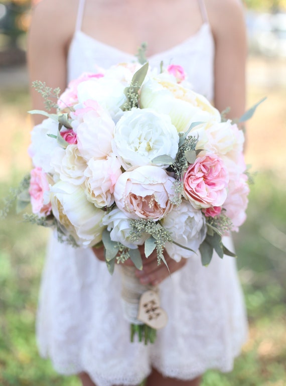 Silk Bride Bouquet Cream and Pale Pink Roses and Peonies Wildflowers Natural Bouquet Shabby Chic Vintage Inspired Rustic Wedding Keepsake by braggingbags
