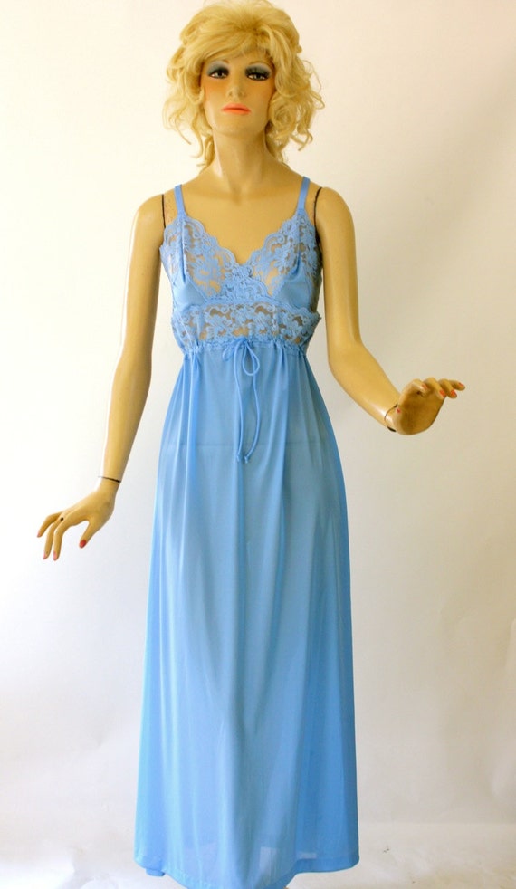 Vintage 70s Long Nightgown Blue Sheer Lace Bust Nylon Gown by
