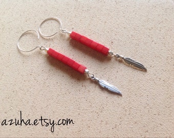 Tehya... red coral & sterling silver feather charm earrings