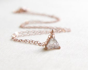 Rose Gold Triangle Necklace | Delicate Rose Gold Necklace | Solitaire CZ Necklace