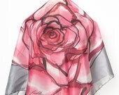 Christmas Present Hand Painted Silk Square Scarf with Rose Red Pink Grey Flower Symbol
