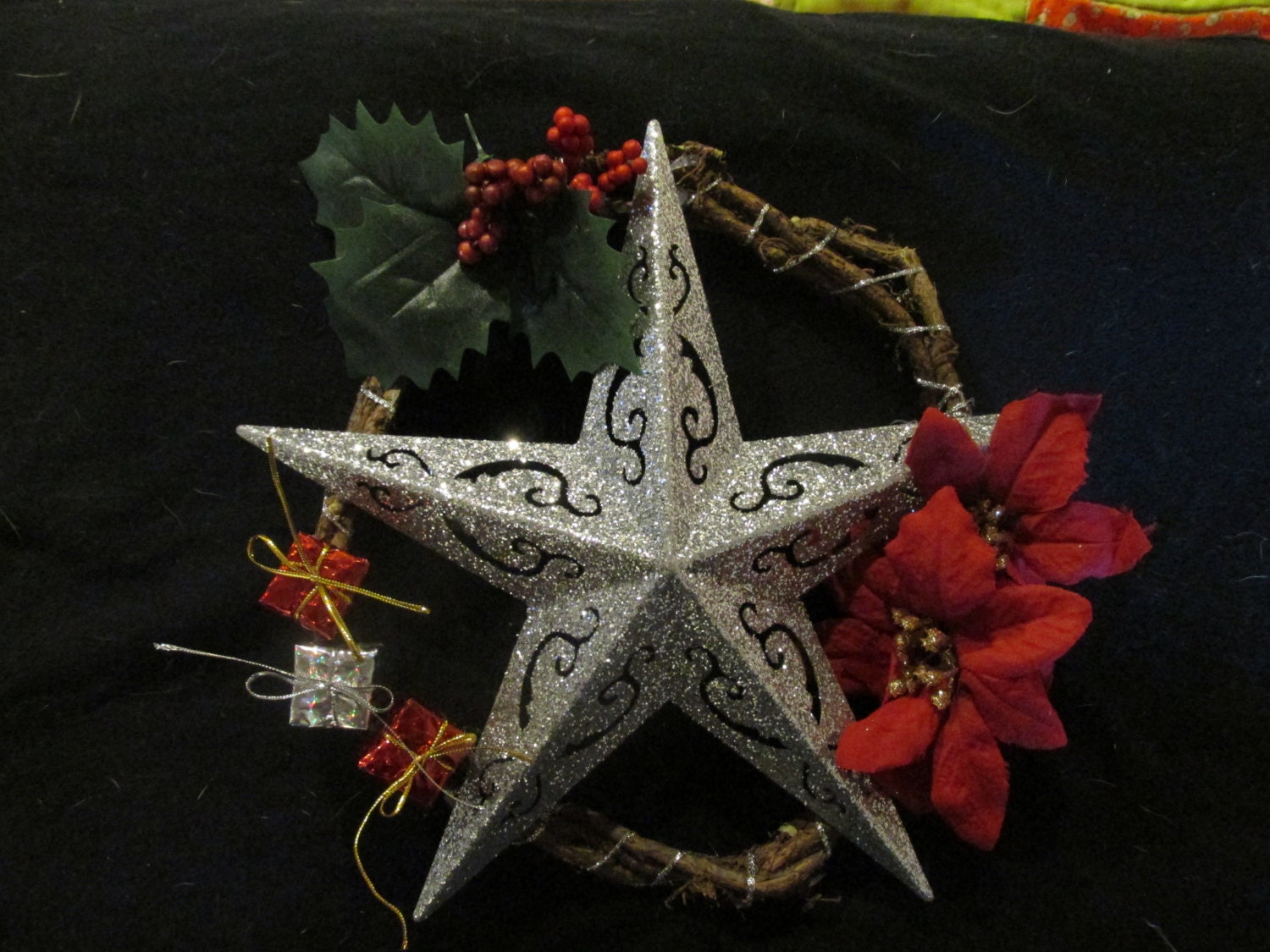 Yule penticle wreath,made from locust vines with silk holly, poinsettas, wall hanging, christmas, star