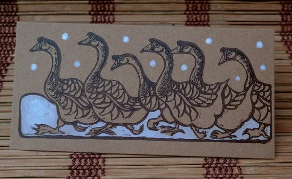 Pack of 2 hand-made, linocut Christmas Cards. 6 Geese A Laying