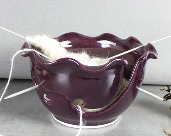 Ceramic Yarn Bowl, Knitting Bowl, Craft tool, diy Wheel thrown eggplant Marsala purple modern BlueRoomPottery