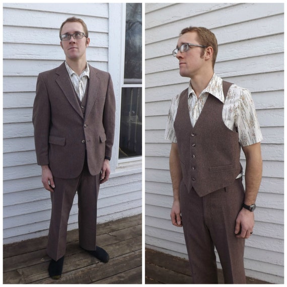 Vintage 70s Mens Brown Suit 1970s 3 piece 42 S