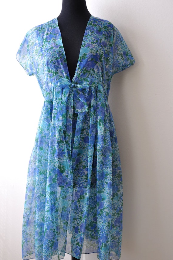 Vintage 1950s Blue Floral Shift Dress with Chiffon Shell size