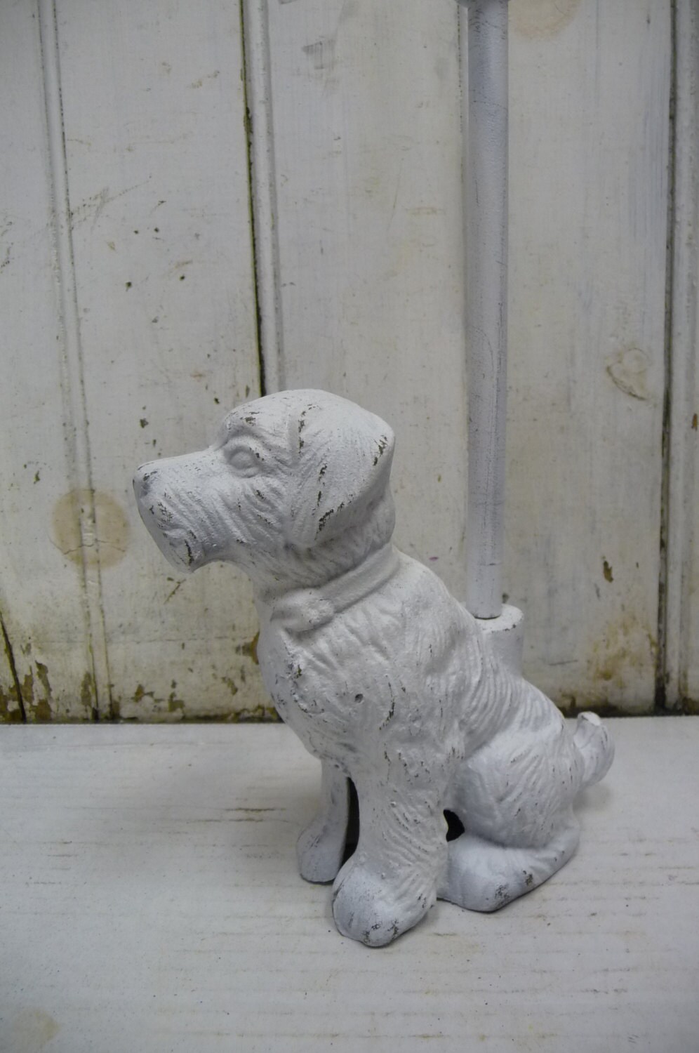 Cast iron Dog door stop Long Handled Porter Shabby White