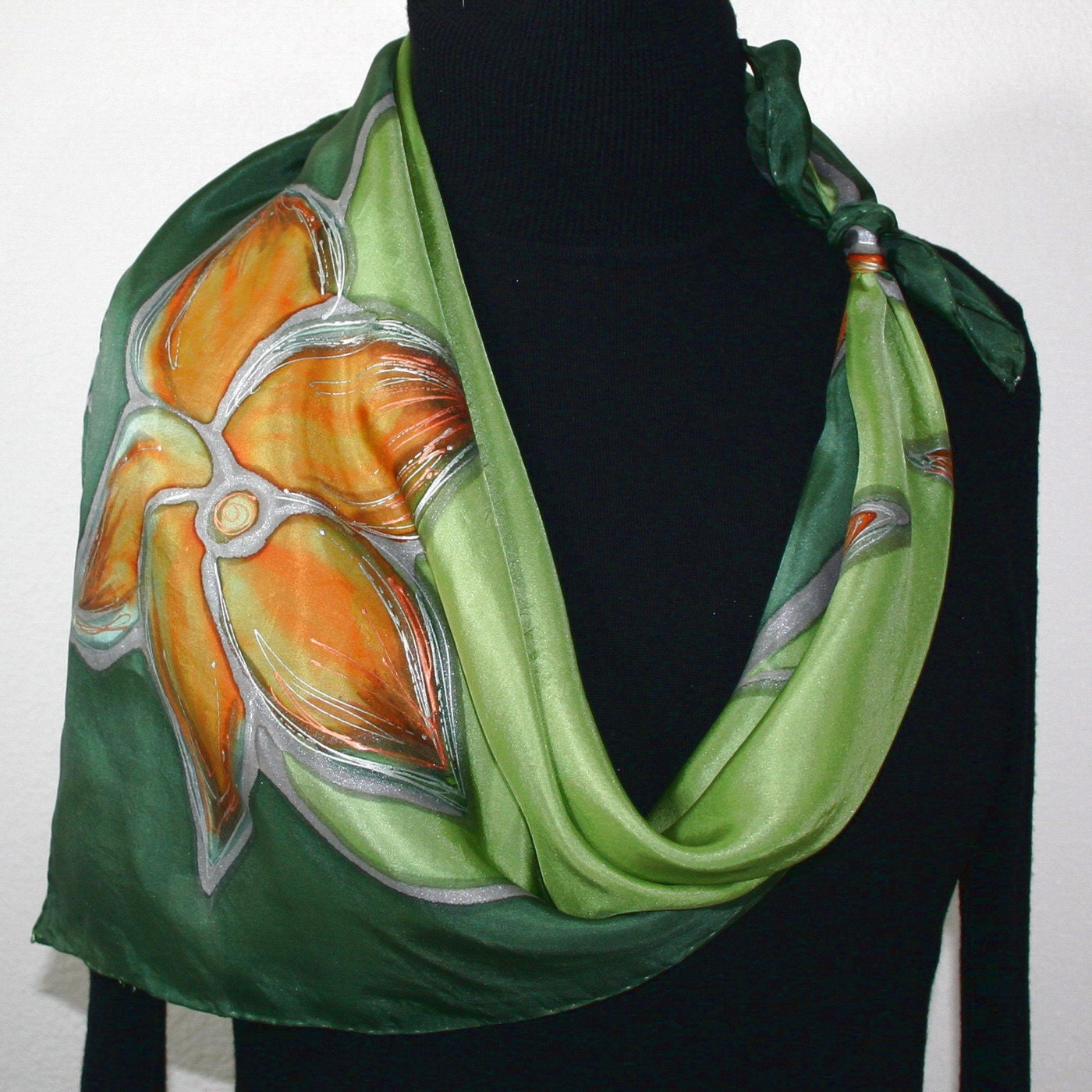 Olive Silk Scarf. Green Hand Painted Silk Shawl OLIVE AUTUMN.