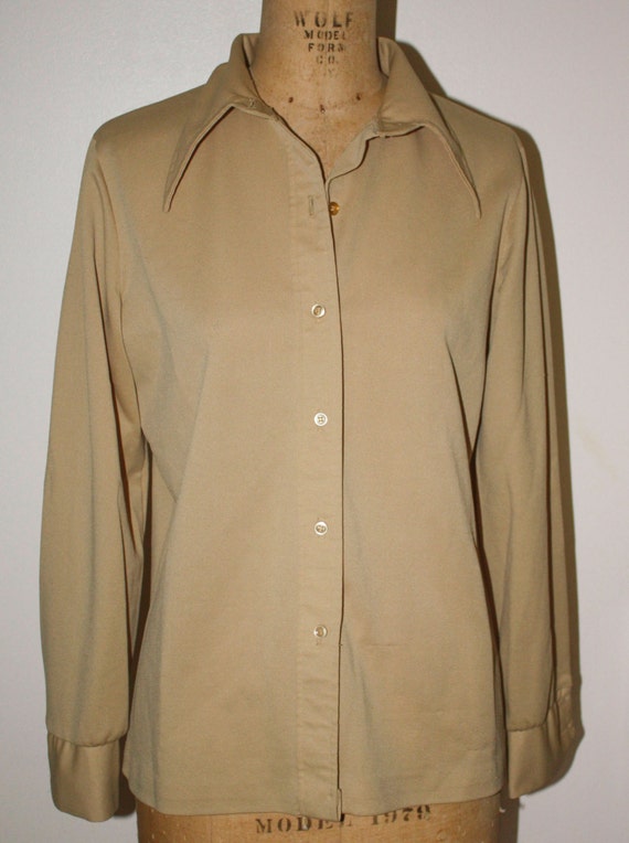 Gold Button Front Long Sleeve Polyester Blouse