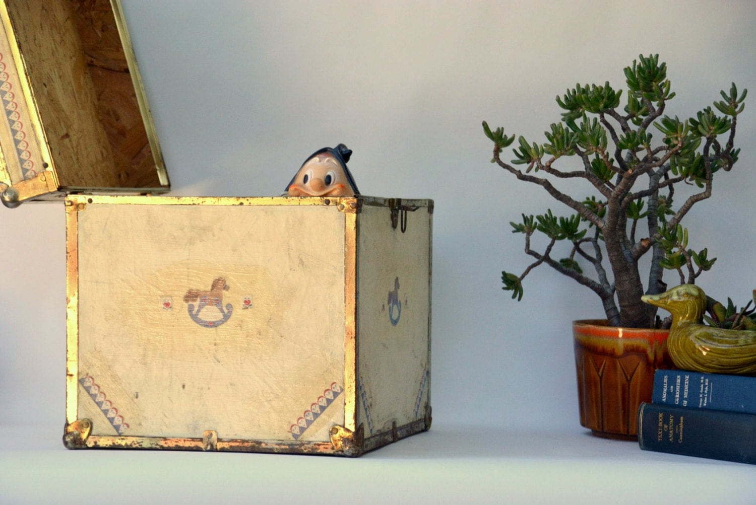 Rocking Horse Child’s Toy Chest Rustic Off White Wood & Brass Storage