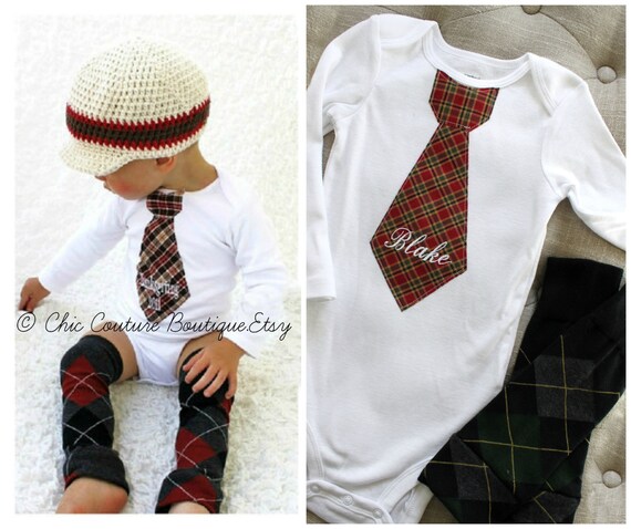 Baby Boy Personalized Tie Bodysuit and Leg Warmers Set. 1st Christmas Outfit. Hounds tooth Plaid Herringbone, First Birthday Outfit Holiday by ChicCoutureBoutique