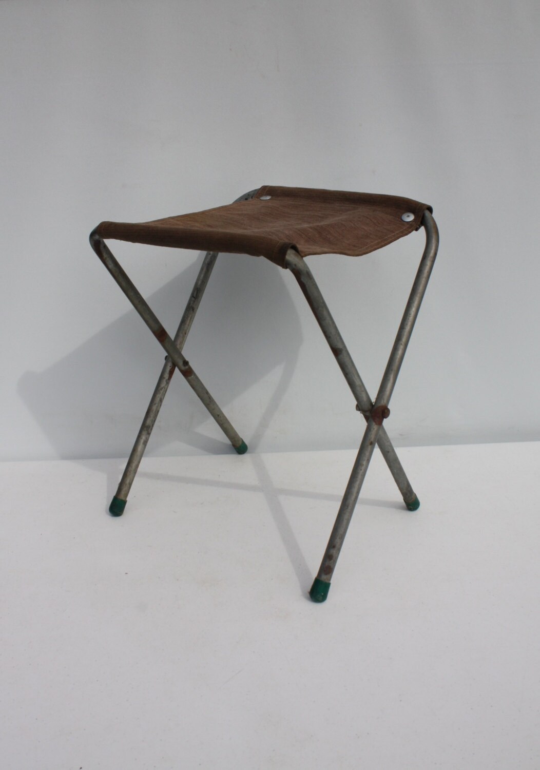 Vintage Metal Fold Up Camping Glamping Army Stool Folding Chair Brown ...