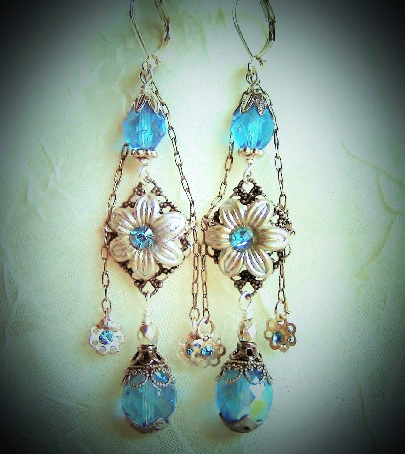 Earrings, Antiqued Silver With Aqua Czech Crystal Beads, Swarovski Chatons, Statement Earrings, Steampunk, Hendrika