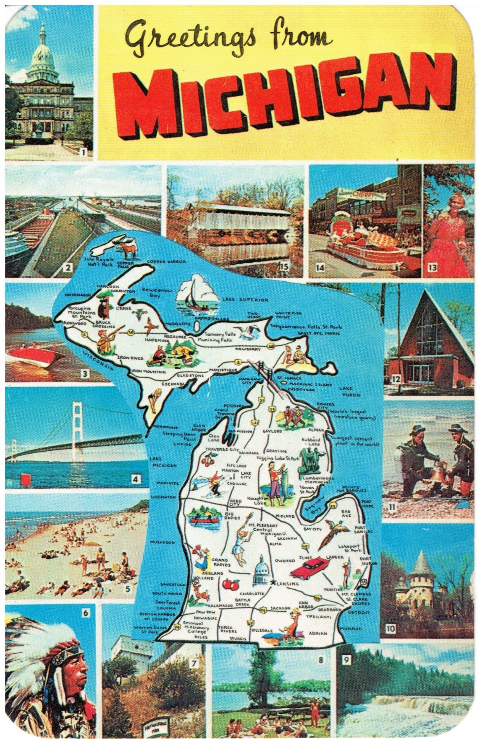 Greetings From Michigan State Map Vintage Postcard with Points