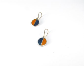 Sterling Silver Earrings, Divided Circles, Blue and Orange, Modern, Contemporary