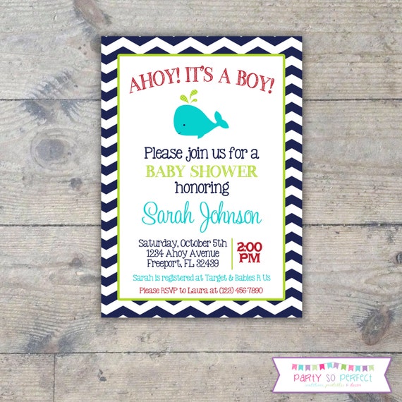 WHALE NAVY CHEVRON - Baby Shower 5x7 Invitation Printable Il_570xn