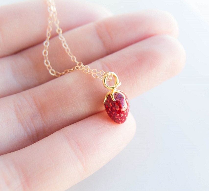 Tiny Strawberry Necklace . 14k gold filled chain . dainty