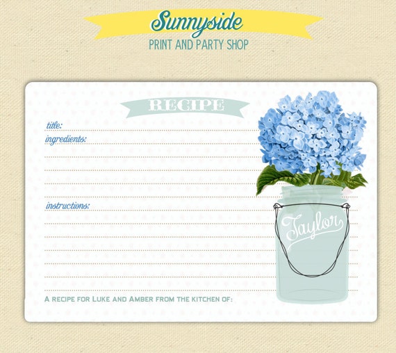 Recipe Card with Mason Jar - You choose flower - Printable Digital Mason Jar Recipe Card Il_570xn