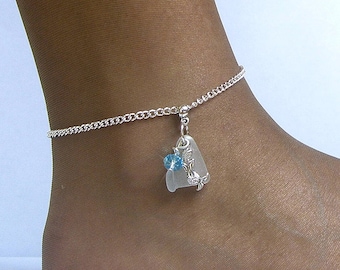 Sterling silver anklet. Sea Glass anklet. Mermaid anklet Sea glass jewelry. Beach glass anklet