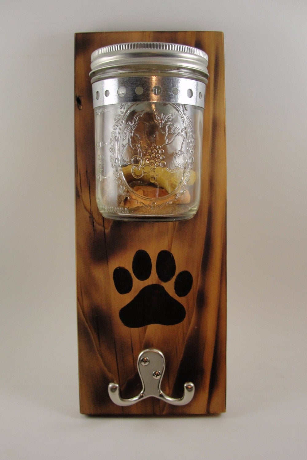 CUSTOM ORDERdog leash treat holder mason jar wall mount paw