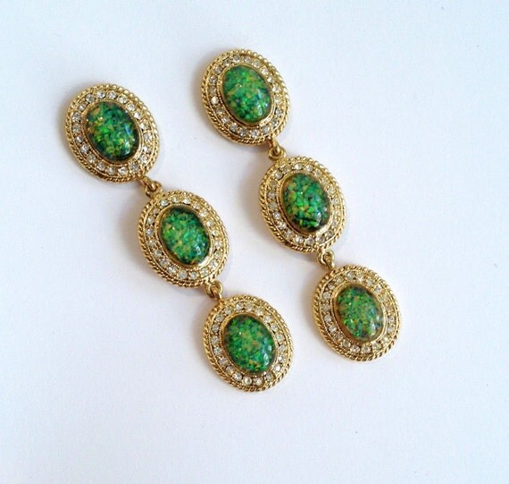 Vintage Estate earrings chandelier  Opal Earrings  Earrings Opal and Dangle opal Green Opal vintage  Pave