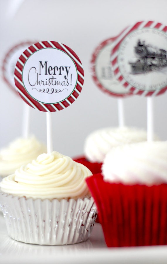 Polar Express Red Birthday/Christmas Party Circles, Favor Tags, Cupcake Toppers - INSTANT DOWNLOAD - Editable & Printable by Sassaby Parties Il_570xn