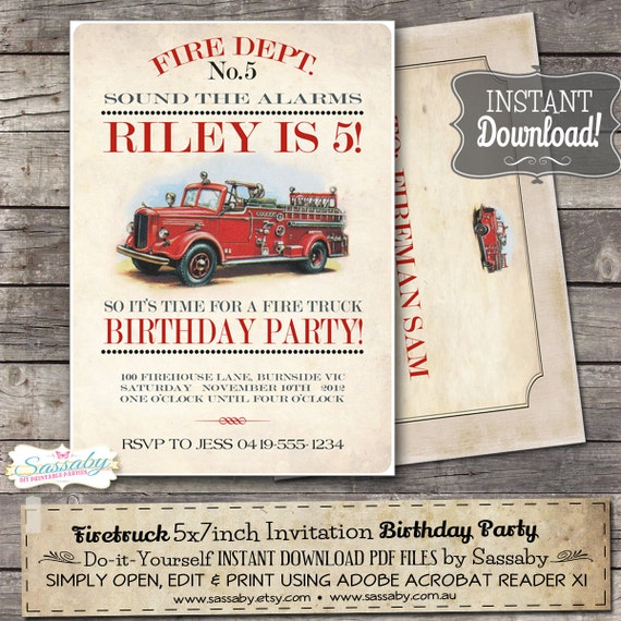 Vintage Firetruck Invitation - INSTANT DOWNLOAD - Editable & Printable Birthday Party Invitation by Sassaby Il_570xn