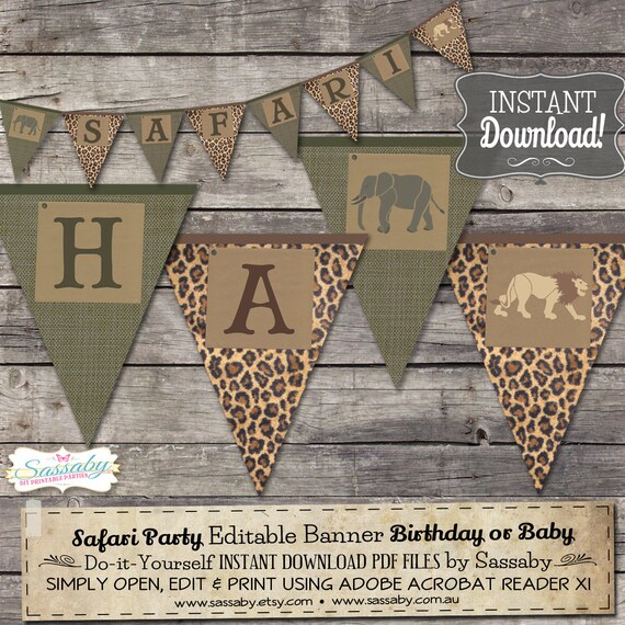 Safari Banner - INSTANT DOWNLOAD - Editable & Printable Birthday Party Decoration, Decor, Bunting by Sassaby Parties Il_570xn